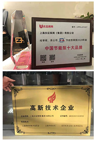 中國節(jié)能泵十大品牌稱號與高新技術企業(yè)圖